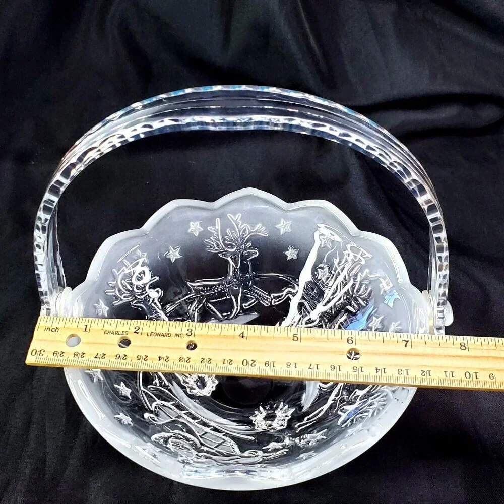VTG Mikasa Christmas Santas Flight Glass Handled Basket Collectible Holiday Deco